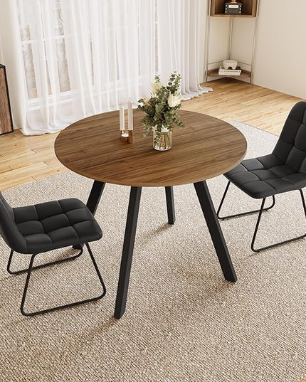 34.6'' Dining Table and Chairs for 2, Mid Century Modern Round Table Set, Space Saving for Apartment Kitchen Dining Room (Walnut Table+2 U-Shaped Black Chairs)