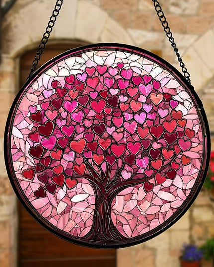 Stained Glass Window Hanging - DASTOLL, Birthday Gifts for Women Men Mom Dad, Pink Love Tree Suncatcher for Doors Window Home Sun Catchers Decor 6.3 in