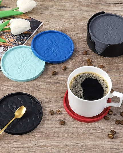 ME.FAN Silicone Coasters with Holder,[6 Pack] Drinking Coasters - Cup Mat for Hot or Cold Drinks, Thickened, Non-Slip, Non-stick,Deep Tray Sky Blue