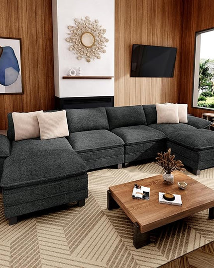 157-Inch U Shaped Sectional Sofa with Cloud Cushions, Deep Seat Modular Couch Set w/ 6 Seats & 2 Ottomans, Removable Arms, Plush Chenille Upholstery for Living Room, Apartment - Cyan