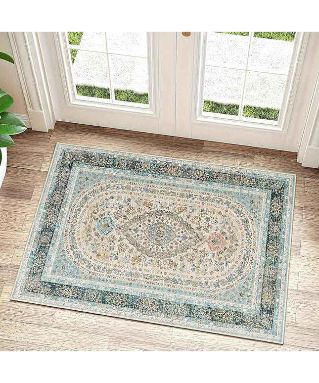 Small Rugs 2x3,Blue Rug for Entryway Bathroom Bedroom Kitchen Entrance Doormat,Boho Vintage Bohemian Distressed Washable Oriental Accent Floor Throw Carpet Non Slip, Floral