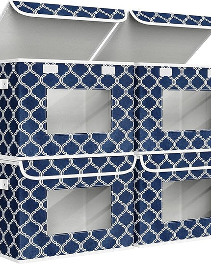 Univivi Fabric Foldable Storage Boxes [4-Pack] Large Collapsible Stackable Storage Bins with Lids, Closet Organizers and Storage Cube Basket for Home, Office, Bedroom (Blue Lantern, 17”x 12” x 12”)