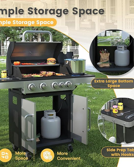 DIFY 4-Burner Propane Gas BBQ Grill with Side Burner and Porcelain-Enameled Cast Iron Grates, 46500 BTU Output Stainless Steel Grill for Outdoor Cooking Kitchen & Patio Backyard Barbecue, Silver