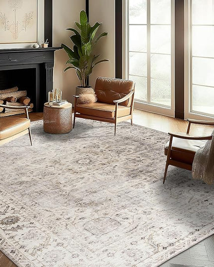 ReaLife Rugs Machine Washable Area Rug - Living Room Bedroom Bathroom Kitchen Entryway Office - Padded Low Pile Stain Resistant Premium - Boho Farmhouse Vintage - Joy - Beige Ivory 6' x 8'
