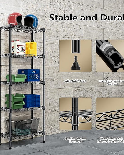 450 lbs Storage Shelves 5 Tier Shelving Units for Storage, Steel Organizer Wire Rack, Adjustable Height, Wire Shelving Unit for Bathroom Kitchen Closet, Black 11.8" D x 21.7" W x 58.3" H