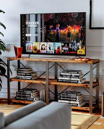 IRONCK Rustic Entryway Console Table, Long Hallway Table 55 in 3-Tier, TV Stand Entertainment Center Media Stand for Living Room, Industrial Style, Vintage Brown