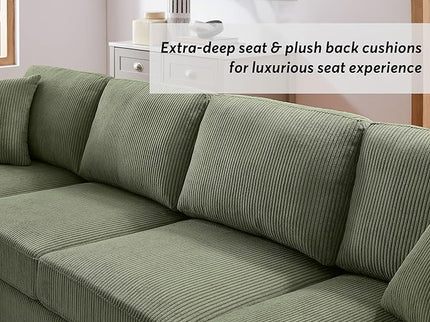 VANOMi 118'' U Shaped Sectional Sofa Couch, Corduroy Fabric Modern Cozy Jumbo Size 4-Seater Living Room Couch, Double Chaise Longue, Olive