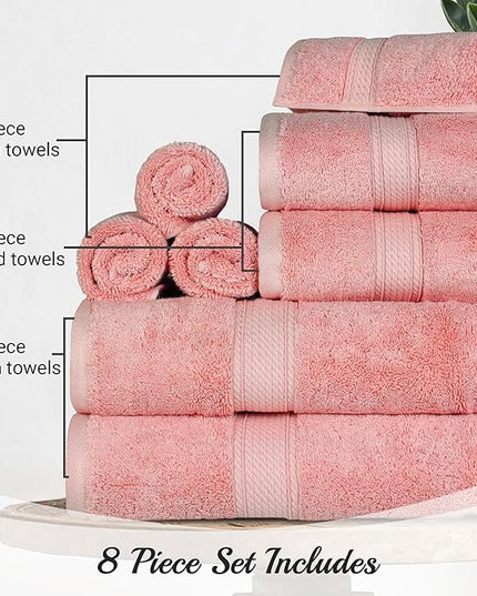 Superior Egyptian Cotton Pile 8 Piece Towel Set, Includes 2 Bath, 2 Hand, 4 Face Towels/Washcloths, Ultra Soft Luxury Towels, Thick Plush Essentials, Guest Bath, Spa, Hotel Bathroom, Tea Rose