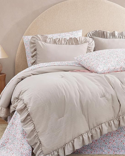 Full Comforter Set - 7 Pieces Ruffle Beige Bedding Sets, Shabby Chic Farmhouse Bed in a Bag Full with Ruffle Comforter, Floral Sheets, Pillowcases & Shams