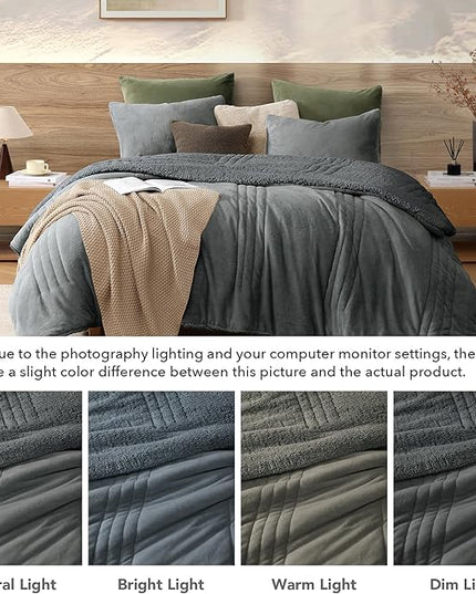 Monbix Fluffy King Size Comforter Set Blue Grey, Sherpa Plush Fuzzy Comforter 3 Piece for King Size Bed, Luxury Soft Winter Warm Bedding Set