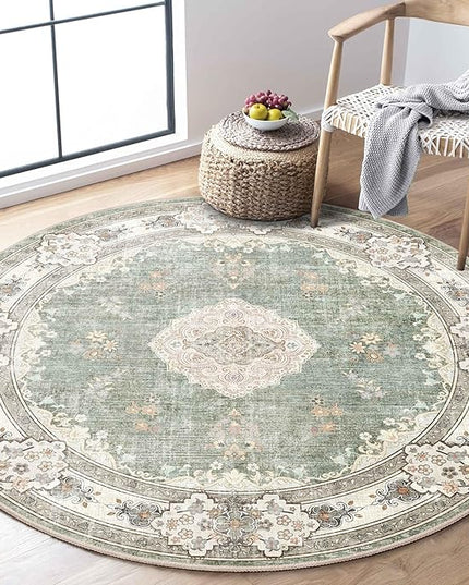 MUJOO Green Round Rug 4ft,Circle Washable Area Rugs for Bedroom Living Room Bathroom,Boho Small Non Slip Circular Carpet,Sage Floral