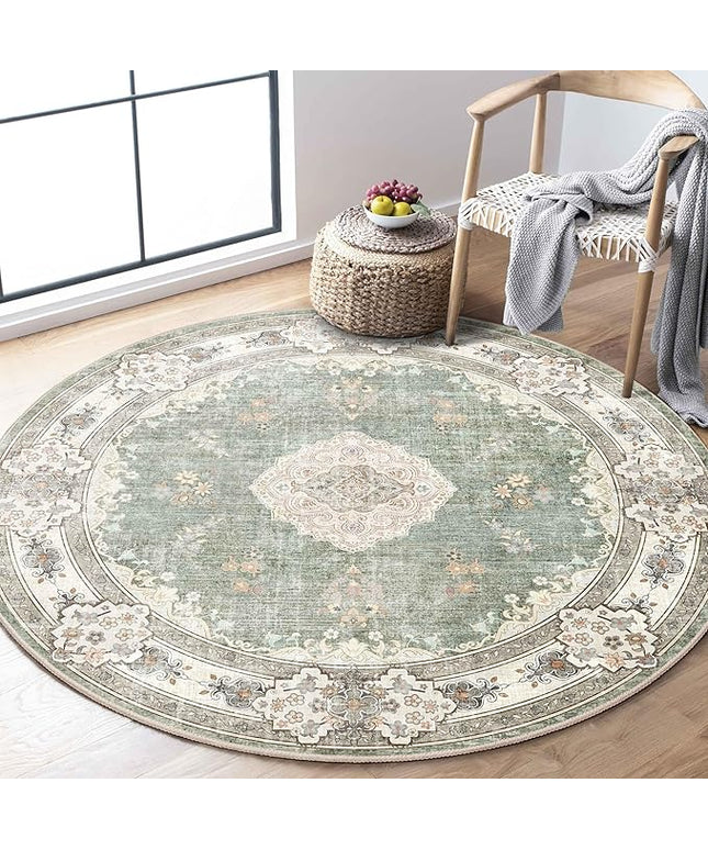 MUJOO Green Round Rug 4ft,Circle Washable Area Rugs for Bedroom Living Room Bathroom,Boho Small Non Slip Circular Carpet,Sage Floral