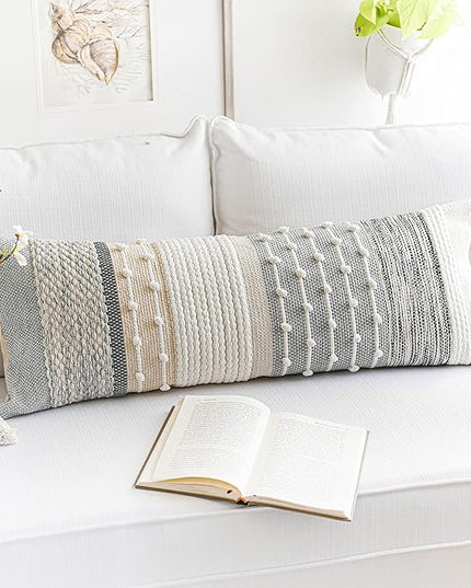 BlissBlush Gray Boho Lumbar Throw Pillow Cover 14x36 Grey Accent Long Body Lumbar Pillow for Bed Decorative Modern Bohemian Woven Textured Lumbar Pillow for Bed Cover ONLY