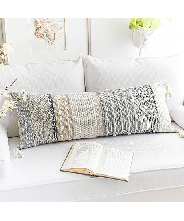 BlissBlush Gray Boho Lumbar Throw Pillow Cover 14x36 Grey Accent Long Body Lumbar Pillow for Bed Decorative Modern Bohemian Woven Textured Lumbar Pillow for Bed Cover ONLY