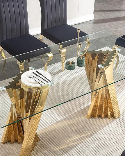 70" Glass Dining Table,Gold Dinner Room Glass Table for 6 8,Modern Kitchen Dinner Table with Stainless Steel Base and Clear Tempered Glass Top for Living Dining Room