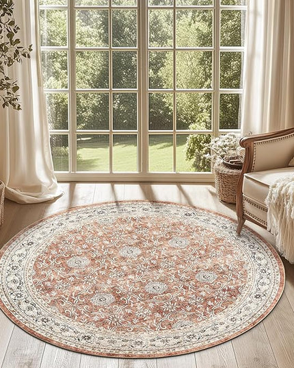 jinchan Round Rug 4ft Washable Circle Soft Rug - Low Pile Vintage 4'Round Indoor Orange Floral Print Stain Resistant Boho Carpet Ultra-Thin Non-Slip for Entryway Nursery Bedroom Dining Room Kitchen