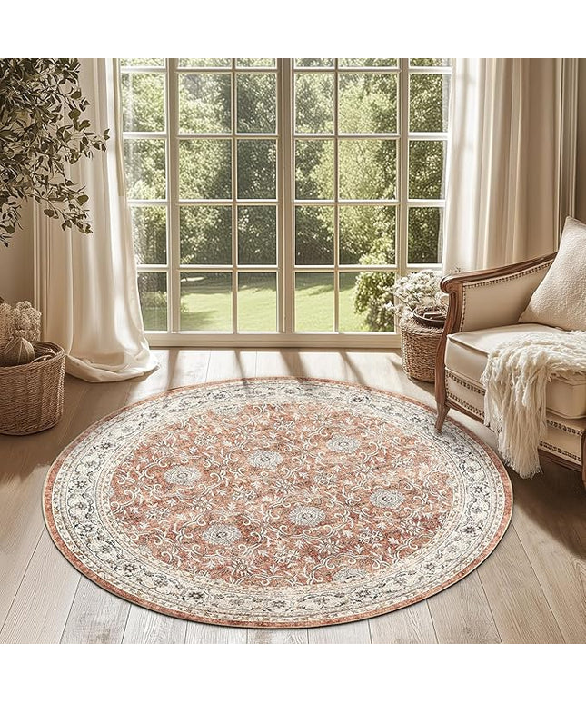 jinchan Round Rug 4ft Washable Circle Soft Rug - Low Pile Vintage 4'Round Indoor Orange Floral Print Stain Resistant Boho Carpet Ultra-Thin Non-Slip for Entryway Nursery Bedroom Dining Room Kitchen