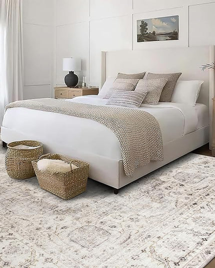 ReaLife Rugs Machine Washable Area Rug - Living Room Bedroom Bathroom Kitchen Entryway Office - Padded Low Pile Stain Resistant Premium - Boho Farmhouse Vintage - Joy - Beige Ivory 7'6" x 9'6"