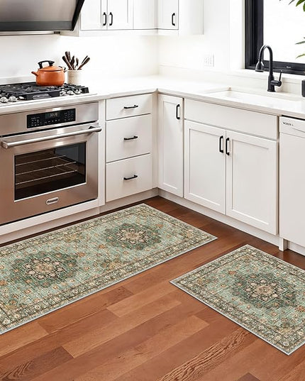Washable Entryway 2x5 Rug - Small Throw Runners for Kitchen Bathroom Bedroom Non-Slip Ultra-Thin Indoor Door Mat Indoor Entrance - Stain Resistant Vintage Home Decor (Green, 2X5)