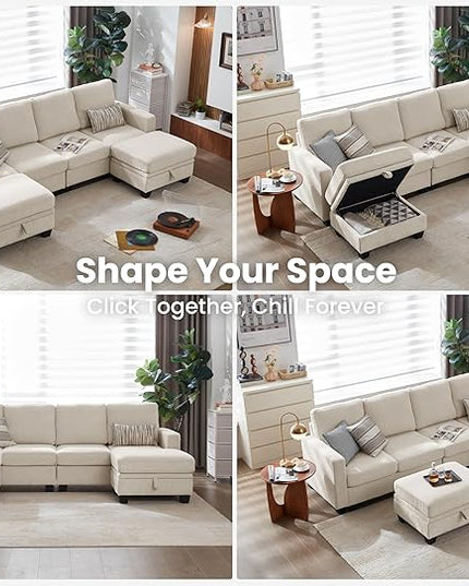 CHIC HOUSE Corduroy Modular Sectional Couch with Ottoman Chaise, L/U Shaped Sleeper Sofa for Living Room, Apartment, Lounge, Modern Armrest Neck Support Furniture (6 Seater Sectional, Beige)