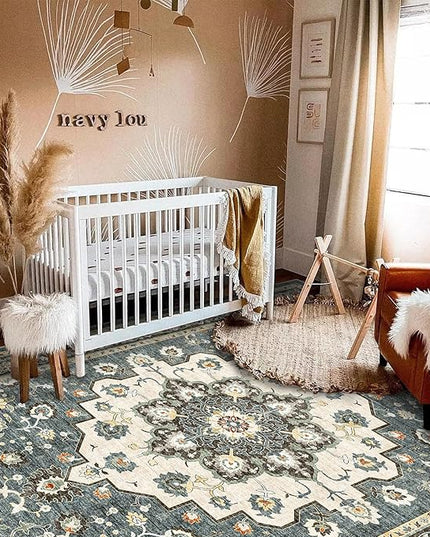 Washable Oriental Area Rug - 5x8 Rugs for Living Room Soft Carpet for Bedroom Waterproof Floral Distressed Indoor Stain Resistant Non-Shedding Floor Carpets (Blue, 5x8)