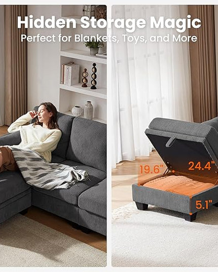 CHIC HOUSE Corduroy Modular Sectional Couch with Ottoman Chaise, L/U Shaped Sleeper Sofa for Living Room, Apartment, Lounge, Modern Armrest Neck Support Furniture (5 Seater Sectional, Dark Grey)