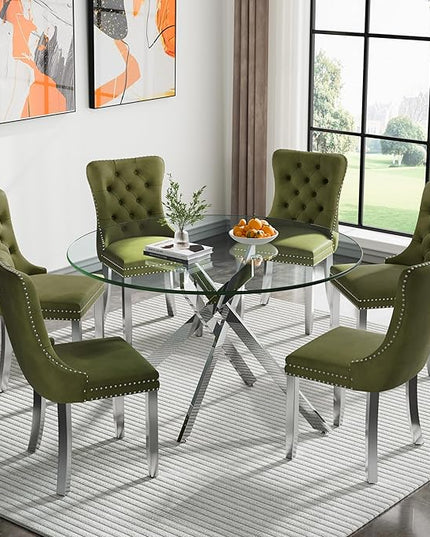 Round Glass Dining Table Set for 6, 47'' Clear Circular Kitchen Table and Chairs Set, 7PCS Modern Circle Dining Room Table Set with 6 Velvet Dining Chair for Home