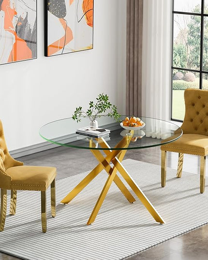 Round Glass Dining Table Set for 2, 47'' Clear Circular Kitchen Table and Chairs Set, 3PCS Modern Circle Dining Room Table Set with 2 Velvet Dining Chair for Home