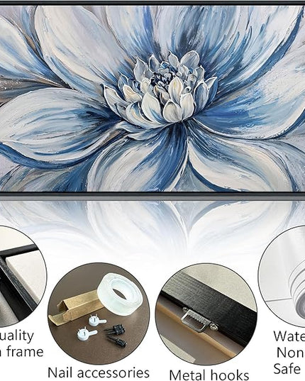 Pogusmavi Blue Floral Wall Art for Living Room - Large Textured Flower Pictures for Bedroom - Canvas Paintings, Extra Large Blue and White Wall Decor Dining Room Artwork for Walls 24×48IN