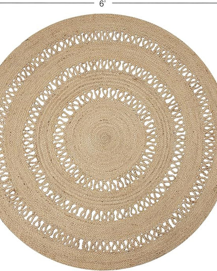 REDEARTH · Round Area Rug - 6 Feet Braided Scalloped Earthy Trails Jute Rug- Artisan Made Boho Jute Patterned Rugs for Bedroom, Kitchen, Living Room, Farmhouse, Aesthetic, Handmade Vintage Décor