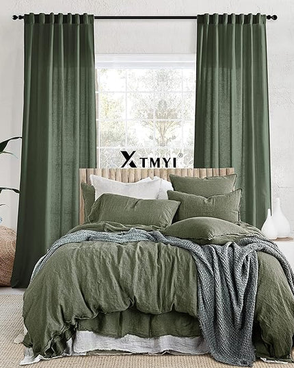 XTMYI 68 Inch Curtains 2 Panel Set,Linen Boho Semi Sheer Curtains for Bedroom Living Room,40x68 in Long,Olive Green