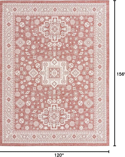 Rugs.com Outdoor Aztec Collection Rug – 10' x 13' Rust Red Flatweave Rug Perfect for Living Rooms, Large Dining Rooms, Open Floorplans