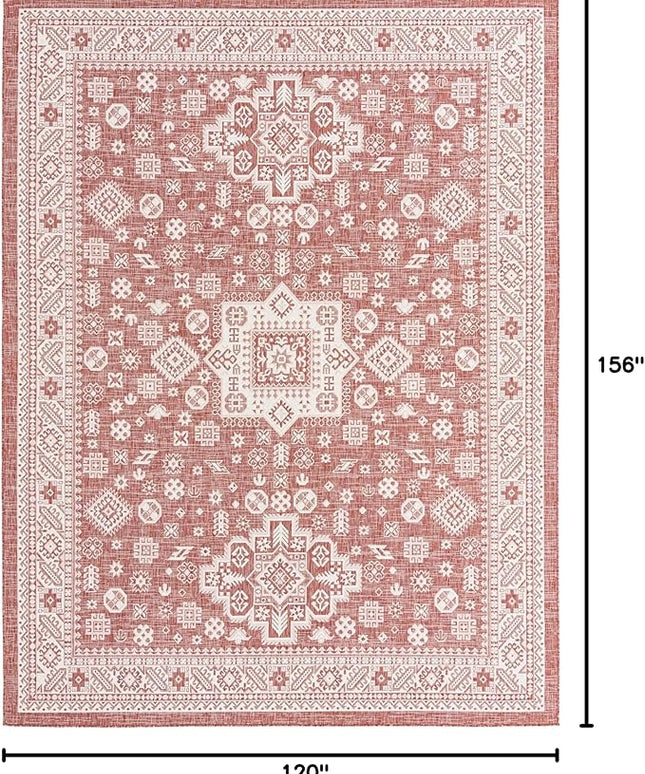 Rugs.com Outdoor Aztec Collection Rug – 10' x 13' Rust Red Flatweave Rug Perfect for Living Rooms, Large Dining Rooms, Open Floorplans