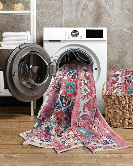 GLN Rugs Traditional Collection - Machine Washable Area Rug, Traditional Washable, Non Slip, Low Pile Chenille Rug, Living Room, Bedroom, Kitchen Rug (6'6"x9'6" Pink)