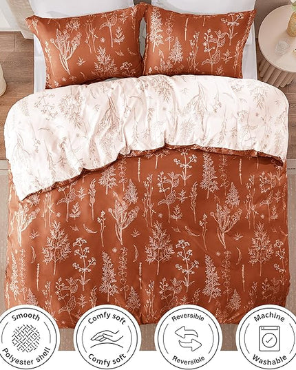 Love's cabin Terracotta Comforter Set King - King Size Comforter Set, 3 Pieces Cute Floral Bedding Sets for All Seasons,1 Soft Reversible Botanical Flowers Comforter and 2 Pillow Shams