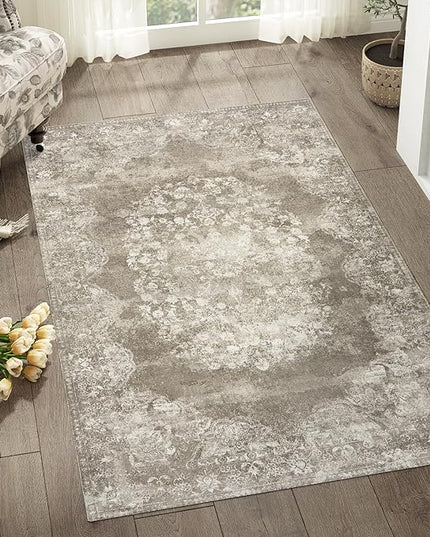jinchan Washable Area Rug 3x5 Entryway - Soft Distressed Vintage Floral Indoor Bedroom Rug Faux Wool Low Pile Small Oriental Accent Carpet for Kitchen, Entrance, Bedside, Dining Room(Brown, 3'x5')