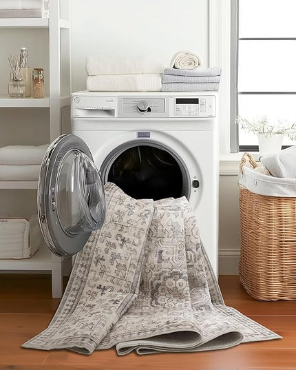 ReaLife Rugs Machine Washable Area Rug - Living Room Bedroom Bathroom Kitchen Entryway Office - Padded Low Pile Stain Resistant Premium - Boho Farmhouse Vintage - Paz - Beige Gray Ivory 2'6" x 10'