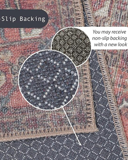 GLN Rugs Traditional Collection - Machine Washable Area Rug, Traditional Washable, Non Slip, Low Pile Chenille Rug, Living Room, Bedroom, Kitchen Rug (5'x7' Black/Terra)