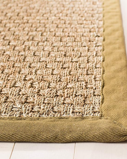 SAFAVIEH Area Rug 3x5 - Natural Fiber Collection - Natural & Olive Green, Border Basketweave Seagrass Design (NF114G)