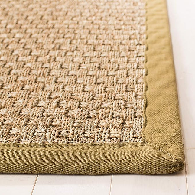 Safavieh Area Rug 10x14 - Natural Fiber Collection - Large - Natural & Olive Green, Seagrass, Basketweave Pattern with Border (NF114G)