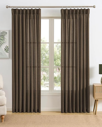 Brown Pleated Linen Curtains 105 Inches Long Farmhouse Semi Sheer Memory Trained Shape Pinch Pleat Drapes with Hooks Back Tab Ripple Fold Curtain for Bedroom Living Room 50x105