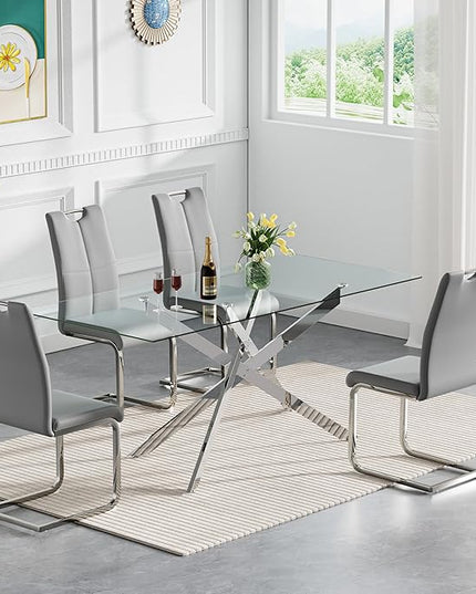 HomVent 5 Piece Rectangular Glass Dining Table Set, Rectangular Glass Kitchen Table Set for 4 with 4 PU Upholstered Dining Chairs for Kitchen Dining Room