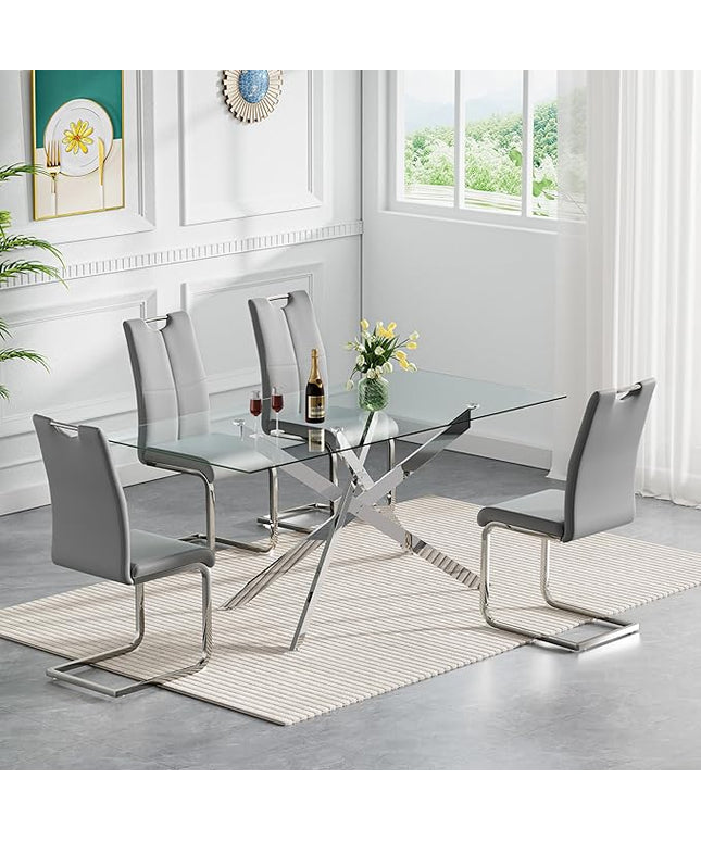 HomVent 5 Piece Rectangular Glass Dining Table Set, Rectangular Glass Kitchen Table Set for 4 with 4 PU Upholstered Dining Chairs for Kitchen Dining Room