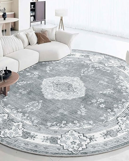 MUJOO Grey Round Rug 9ft,Large Circle Washable Area Rugs for Bedroom Living Room Bathroom,Boho Non Slip Circular Carpet,Floral
