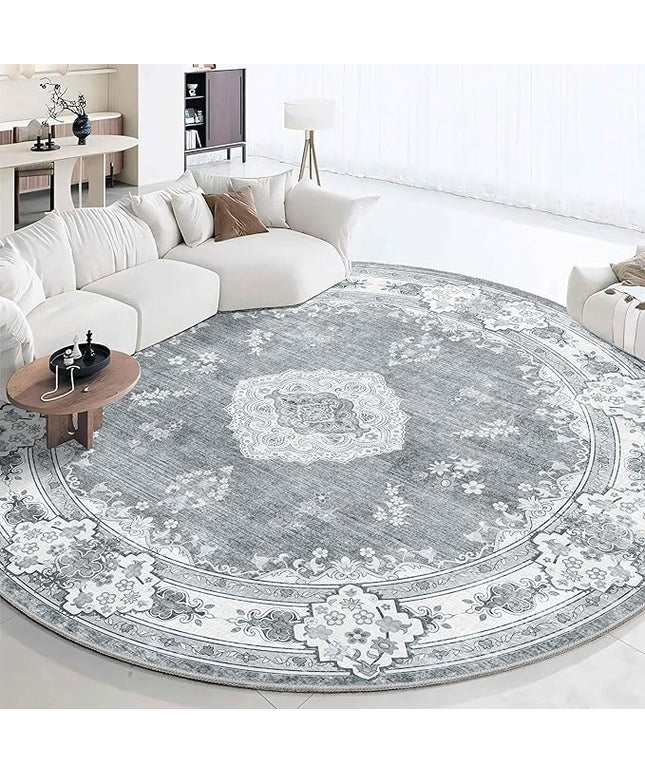 MUJOO Grey Round Rug 9ft,Large Circle Washable Area Rugs for Bedroom Living Room Bathroom,Boho Non Slip Circular Carpet,Floral
