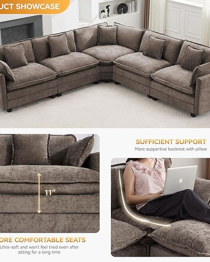 137'' V Shaped Cloud Sectional Sofa, Oversized Deep Seat Couches for Living Room, Chenille Comfy Upholstered Modular Sectional Sofa Couch, Brown