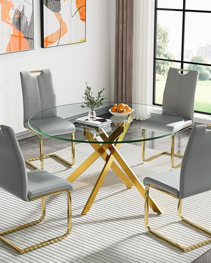 HomVent 5 Piece Round Glass Dining Table Set, Round Glass Kitchen Table Set for 4 with 4 PU Upholstered Dining Chairs for Kitchen Dining Room