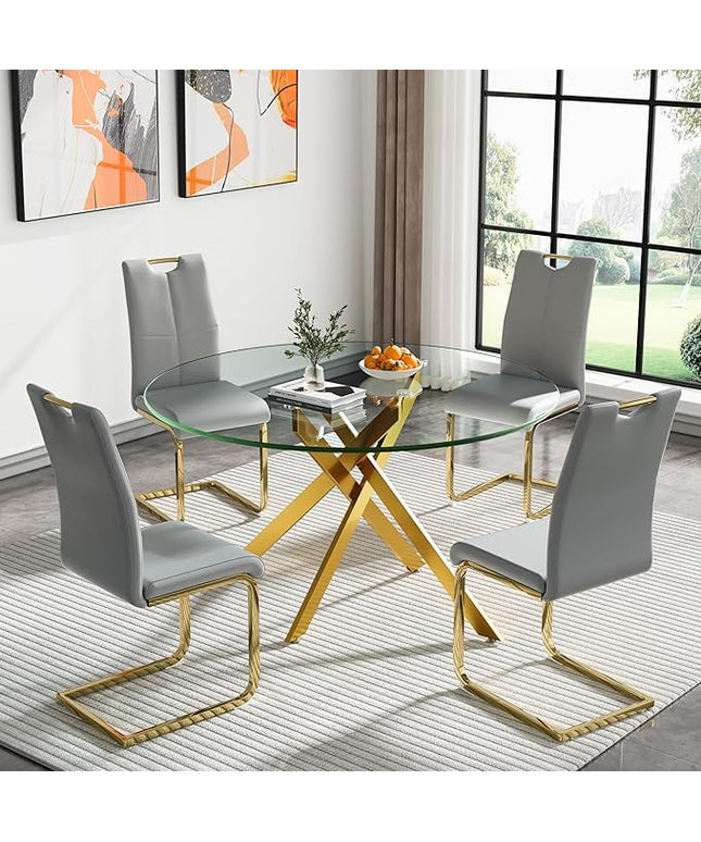 HomVent 5 Piece Round Glass Dining Table Set, Round Glass Kitchen Table Set for 4 with 4 PU Upholstered Dining Chairs for Kitchen Dining Room