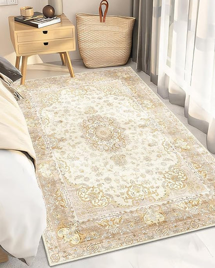 Boho Rug 3'x5',Washable Area Rugs for Bedroom Living Room Kitchen Entryway Bedside,Small Vintage Bohemian Distressed Non Slip Carpet,Beige Gold Floral