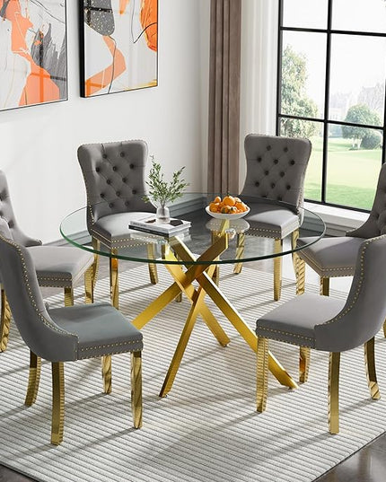 Round Glass Dining Table Set for 6, 47'' Clear Circular Kitchen Table and Chairs Set, 7PCS Modern Circle Dining Room Table Set with 6 Velvet Dining Chair for Home